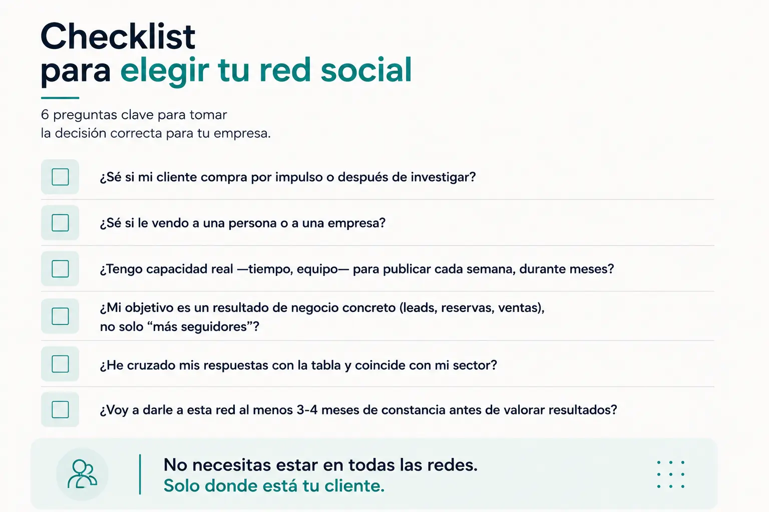 Checklist para elegir la red social adecuada según el tipo de empresa y sus objetivos de negocio.