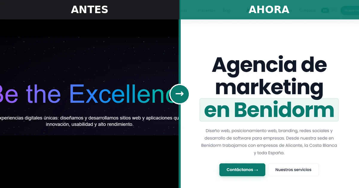 Comparativa antes y después de una página web: diseño oscuro y anticuado a la izquierda frente a un diseño moderno y luminoso a la derecha, representando un rediseño web.