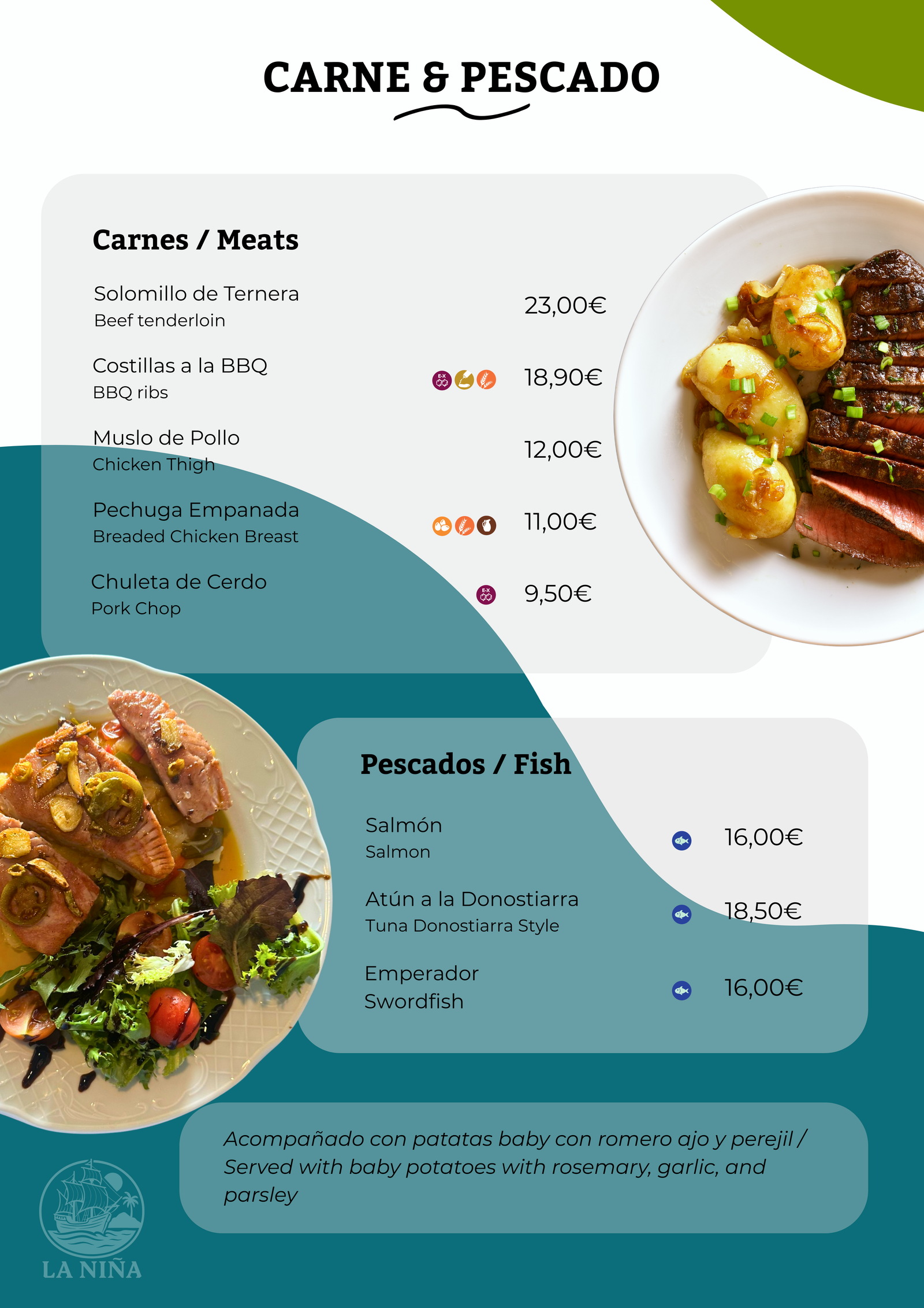 Carta La Niña, Platos principales