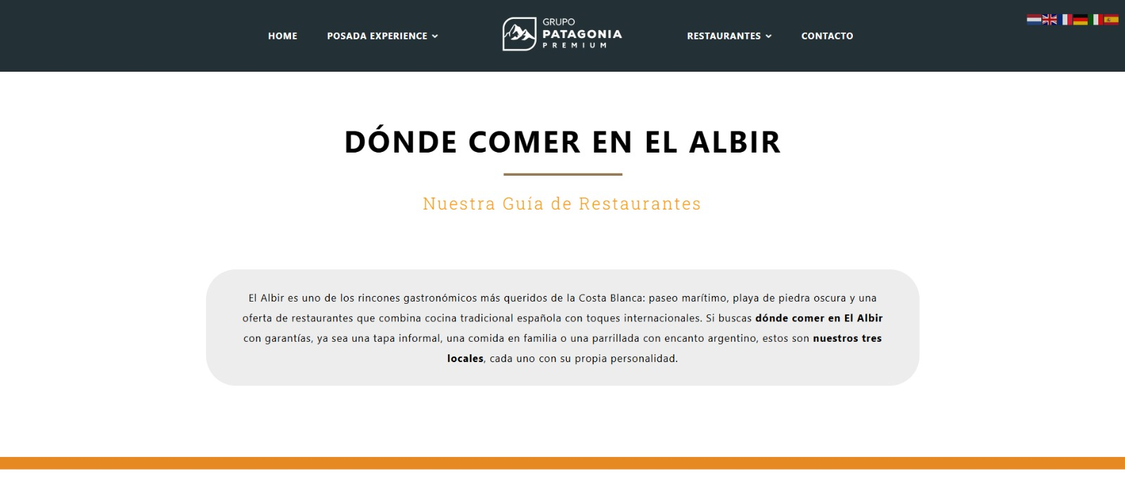 Página de contenido SEO 'Dónde Comer en El Albir' — Grupo Patagonia Premium