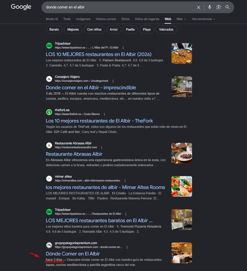 Resultados de Google para 'dónde comer en el Albir' — Grupo Patagonia Premium en top posiciones