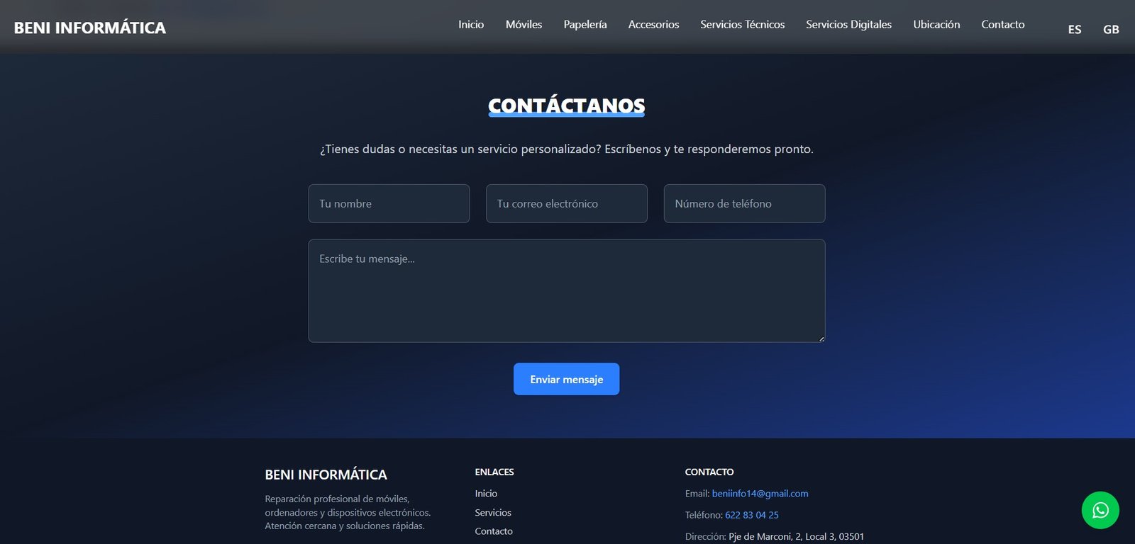 Formulario de contacto para servicios técnicos en Benidorm